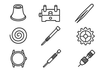 Watchmaking Tools Icons. Line style icons of Watchmaker's Bench: Loupe, Movement Holder, Tweezers, Mainspring, Screwdriver, Gear