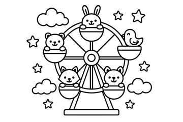 Animal Cabins Ferris Wheel. Playful Ferris wheel with cabins shaped like animals, stars, and clouds in the background, black and