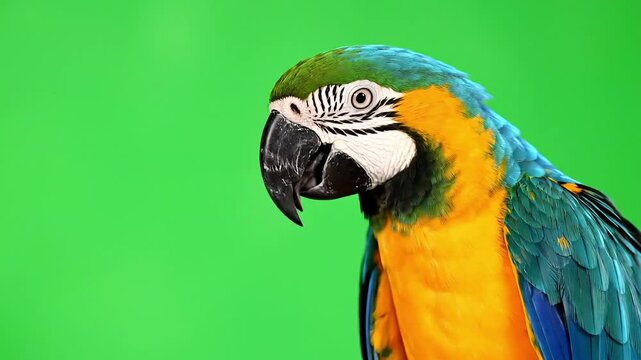 Close up shot of a colorful macaw parrot with blue and yellow feathers on green background