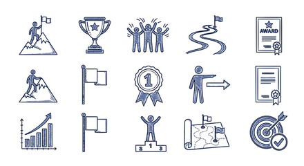 Obraz premium Collection of doodle-style achievement and success icons flags, trophies, awards, charts, targets, and maps
