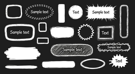 Collection of Hand-Drawn Text Boxes and Speech Bubbles in Various Shapes and Styles on a Black Background