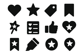 Favorite Icon Variations. Solid style icons of favorite and bookmarks: heart star, saved tag, bookmark ribbon, pin star, favorite