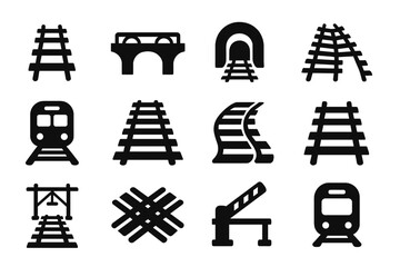 Railway Transport Icons. Solid style icons of railway transport: railway tracks, rail bridge icon, train tunnel, railroad switch,
