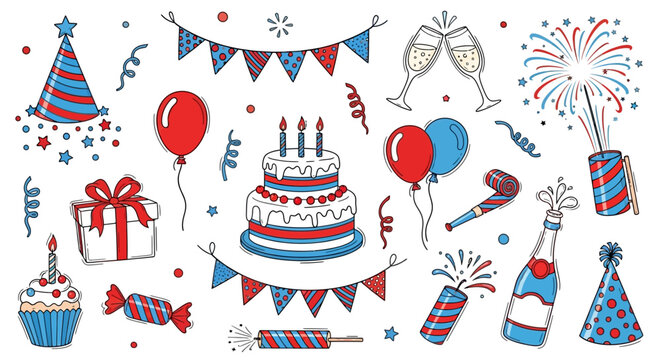 Festive collection of vibrant red, white, and blue celebration elements including party hats, balloons, cake, gifts, and fireworks, ideal for patriotic events or joyful gatherings