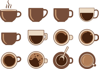 Coffee cup icons set, hot beverage mugs, espresso drink collection, flat vector illustration