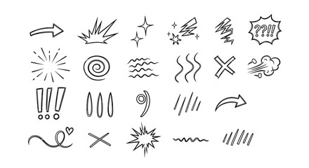 A collection of hand-drawn graphic elements and symbols for design and illustration, including arrows, explosions, stars, and abstract shapes