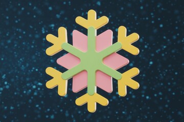 Colorful snowflake design showcasing bright hues of pink, green, and yellow against a dark blue background