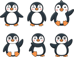 Cute cartoon penguin characters, adorable baby penguins, happy winter animal vector illustration set