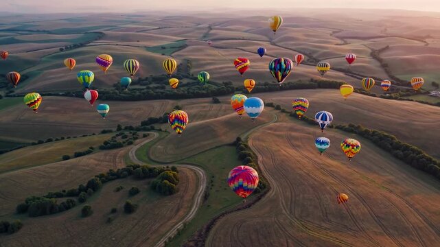 Colorful hot air balloons soar over rolling hills during a stunning sunset in this breathtaking aerial view