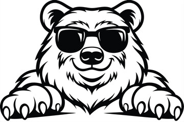A cool cartoon bear wears sunglasses and smiles broadly within a black and white vector