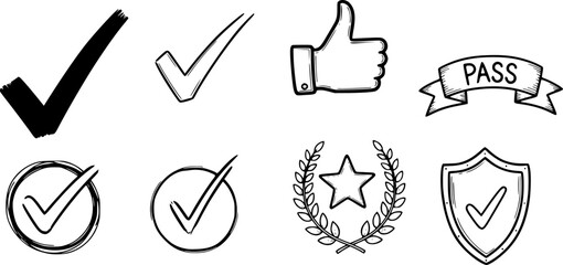 Hand-drawn checkmark set with symbols for success, approval, and validation