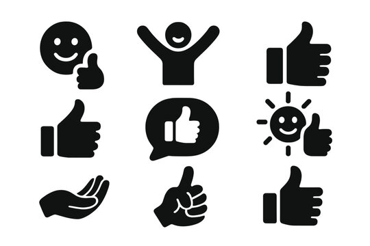 Positive Icons. Solid style icons of Positivity: smiling face with thumbs up, happy person gesture, cheerful approval,