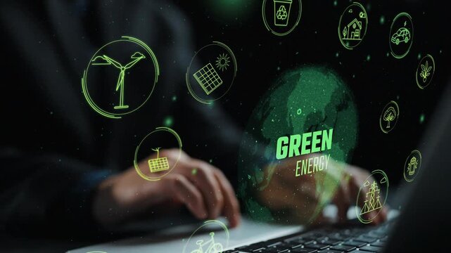 A modern digital representation of green energy concepts, showcasing various sustainable technologies in an innovative business environment with a focus on eco-friendly solutions. Cipher