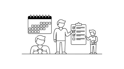 People planning and scheduling in line art style