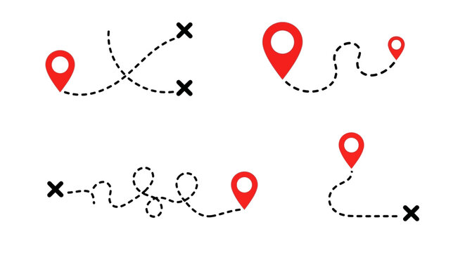 Collection of map pointers and dotted lines showing routes and destinations, ideal for navigation and travel concepts
