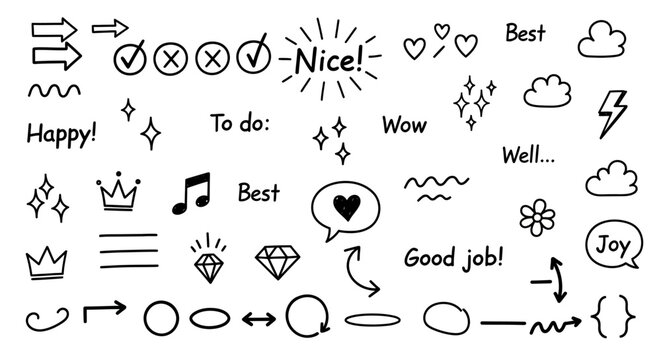 A collection of hand-drawn doodle elements featuring arrows, checkmarks, hearts, and sparkles. An ultra graphic vector set for annotation and design