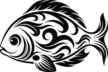 Abstract fish presents swirling tribal patterns in bold black silhouette