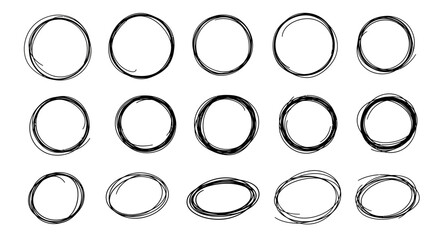 Set of various hand-drawn, scribble circles and sketchy oval frames, ideal for highlighting, marking, or adding a casual, doodle aesthetic to graphic designs and presentations