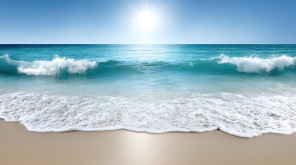 Sunlight reflects on calm ocean waves at a serene beach scene during midday