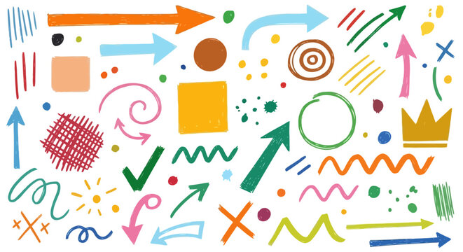 A vibrant collection of hand-drawn graphic elements, including arrows, shapes, and scribbles, perfect for adding a playful touch to designs