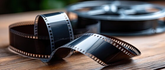 Film reel and strip placed on wooden table indoors, showcasing a classic cinematic feel and nostalgia for vintage movie production