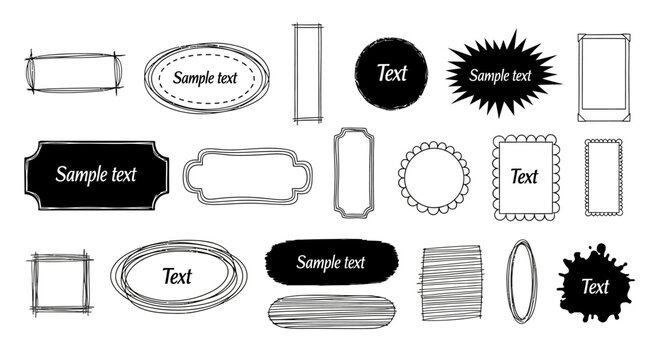 Aesthetic collection of sketchy hand-drawn graphic frames, artistic text boxes, and expressive speech bubble elements for unique design assets and creative projects