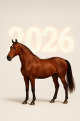 Brown horse standing with glowing 2026 numbers
