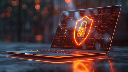 Laptop with glowing padlock icon visualizes strong digital protection, secure data handling and advanced cybersecurity solutions