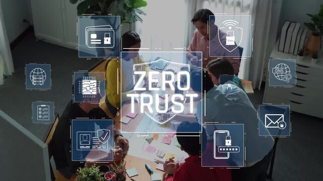 A diverse group of professionals engages in a collaborative team meeting focused on zero trust cybersecurity concepts, utilizing digital illustrations for effective communication. Raster