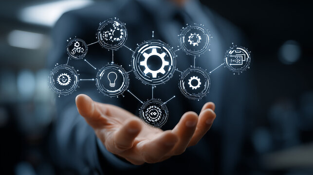 Executivo apresenta rede de automa&ccedil;&atilde;o DevOps, simbolizando integra&ccedil;&atilde;o cont&iacute;nua, otimiza&ccedil;&atilde;o de processos tecnol&oacute;gicos e empresariais, maior efici&ecirc;ncia, inova&ccedil;&atilde;o e colabora&ccedil;&atilde;o