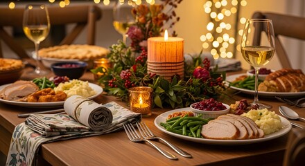 Warm and inviting holiday feast featuring roasted turkey, mashed potatoes, cranberry sauce, and pie, beautifully set with festive decorations and glowing candles for a memorable gathering.