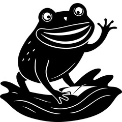 Happy waving frog silhouette sitting on a leafy branch isolated on white background