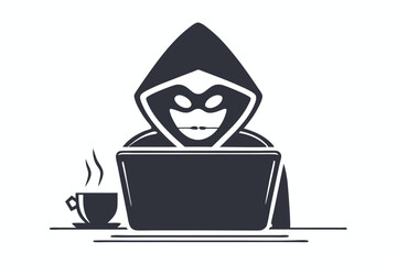 Anonymous hooded figure coding on computer with coffee cup sitting on the table