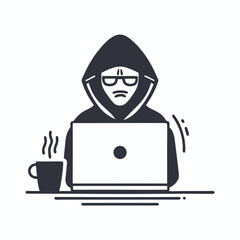 Anonymous hooded figure with glasses types on a laptop next to steaming coffee
