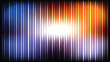Glass ripple texture with dark gradient background and vivid orange, blue, and lilac light streaks. Futuristic distortion, moody abstract glow, reeded vertical blur. Vector illustration EPS