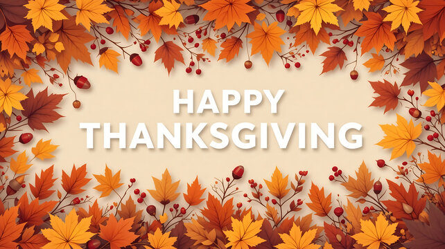 Warm Happy Thanksgiving Text on Cream Background Surrounded by a Full Border of Orange Maple Leaves and Red Berries for Greeting Card