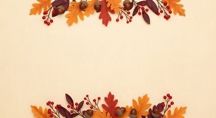 Vibrant autumn border featuring crisp oak leaves, rich red berries, and earthy acorns creating a warm, festive seasonal design with ample copy space