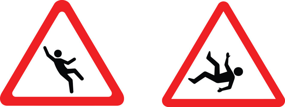 Two triangular warning signs depicting a person slipping and falling on a wet or slippery surface