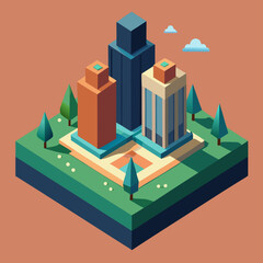 Isometric illustration of modern city buildings with trees and clouds