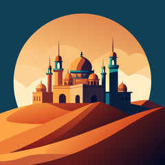 Desert oasis mosque silhouette against a warm sunset sky