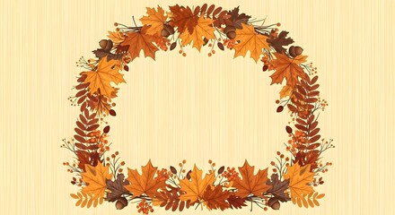 Capture the warmth and beauty of autumn with this stunning circular frame crafted from vibrant fall leaves, acorns, and berries, perfect for seasonal greetings and festive designs.