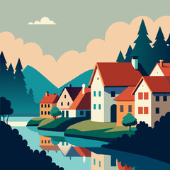 Naklejka premium Charming european village nestled beside a tranquil lake with reflections