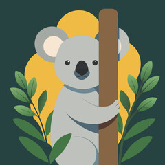 Cute cartoon koala hugging a tree trunk with green leaves and yellow sun