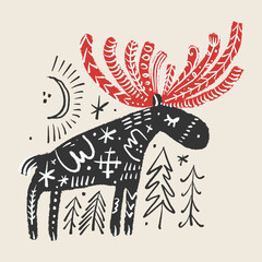 Boho tribal celestial ornate moose character vector hand drawn illustration. Modern folk patterned Norwegian woodland fauna with horns north animal in Scandinavian style. Floral Slovak ornamental
