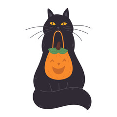 Halloween black cat holding funny pumpkin bag in mouth in flat cartoon design. Cute pet with seasonal bag for trick or treat event celebration. Autumn october holiday. Vector illustration isolated.