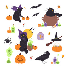 Halloween holiday set in flat cartoon design. Bundle of cute black cats with pumpkin, holiday costumes with witch hat or vampire wings, cauldron, potions, crow, more. Vector illustration isolated.
