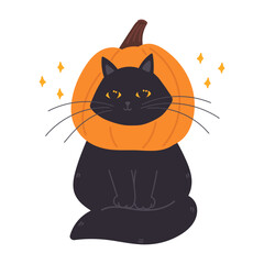 Halloween black cat wearing orange pumpkin mask on head in flat cartoon design. Cute pet with seasonal masquerade costume for autumn october holiday, celebration decor. Vector illustration isolated.