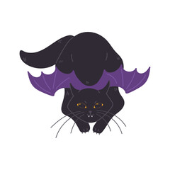 Halloween black cat wearing purple vampire wings and hunting in flat cartoon design. Cute pet with seasonal masquerade costume for autumn october holiday celebration. Vector illustration isolated.