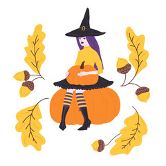 Halloween young witch sitting on big pumpkin and holding pumpkin in flat cartoon design. Woman in carnival costume for autumn october holiday, decor with oak leaves. Vector illustration isolated.