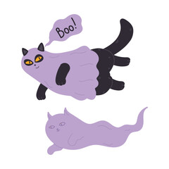 Halloween black cat in costume flying with kitten ghost and scaring others in flat cartoon design. Cute pet wearing purple costume for autumn october holiday celebration. Vector illustration isolated.
